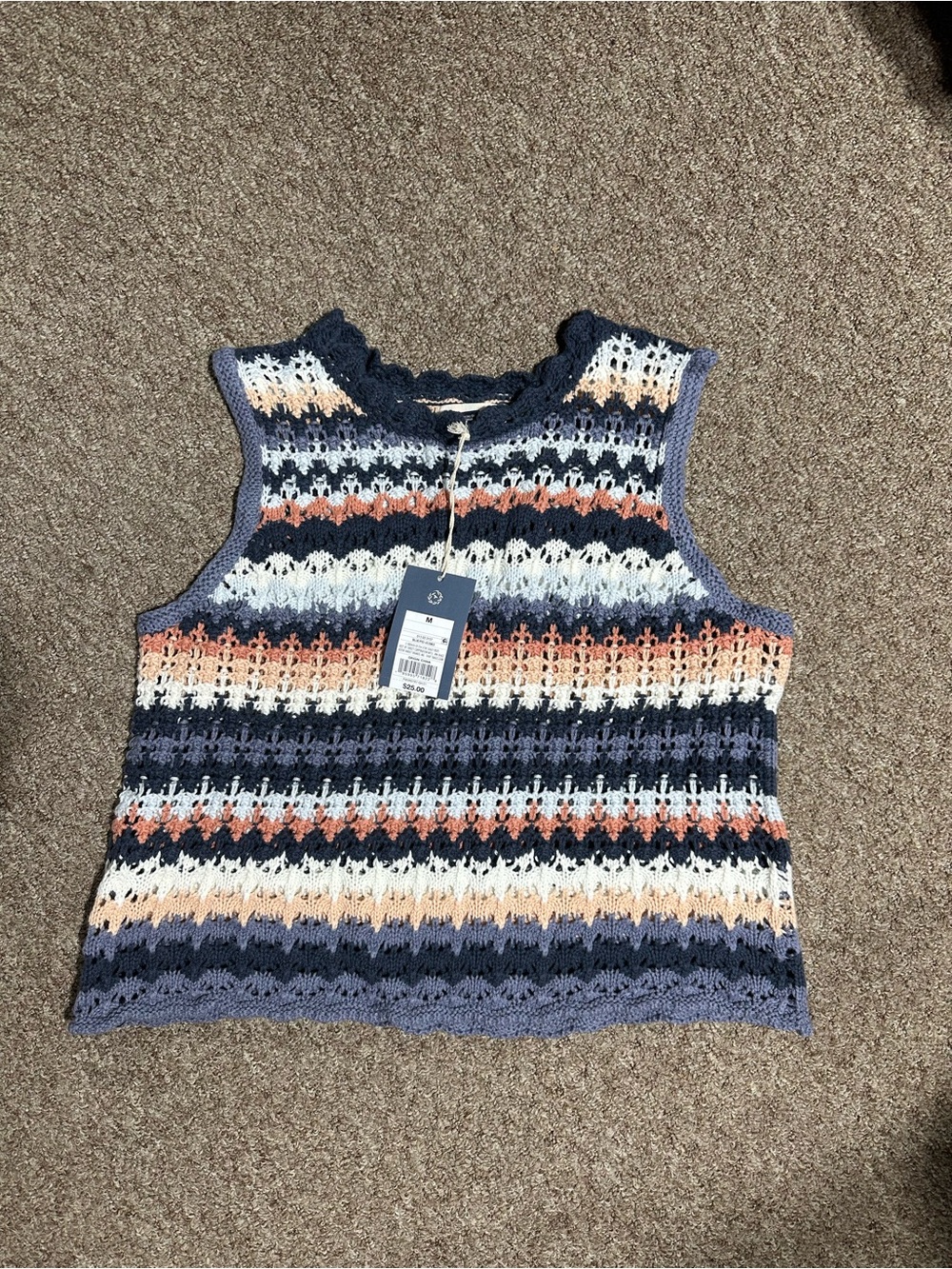 Universal Thread Striped Crochet Tank in Navy, Cream & Peach